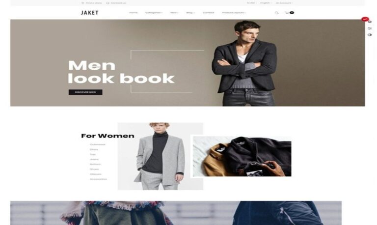 PrestaShop ecommerce theme (Ap Jacket) for a clothing store, displaying men's fashion in the hero section and a women's category block with outerwear examples below.