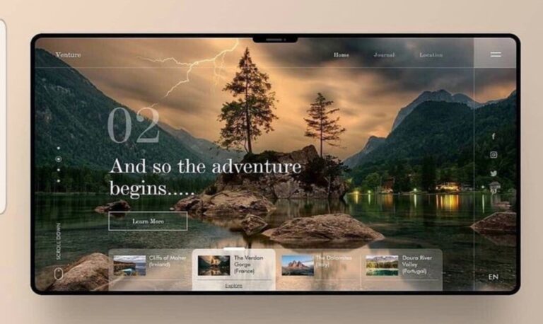 travel website's homepage displayed on a tablet, featuring a dramatic landscape image of a lake surrounded by mountains with lightning striking in the background.